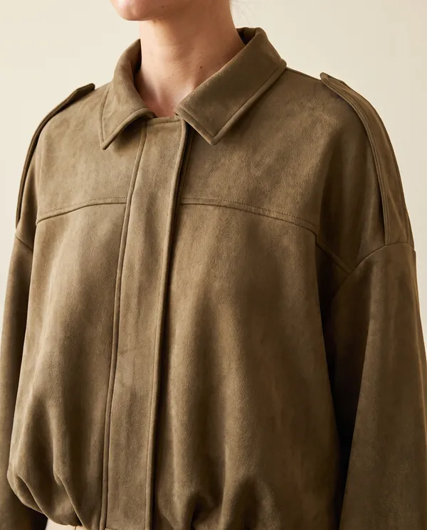 Faux Suede Bubble-Hem Bomber Jacket in Khaki, close-up of the detail