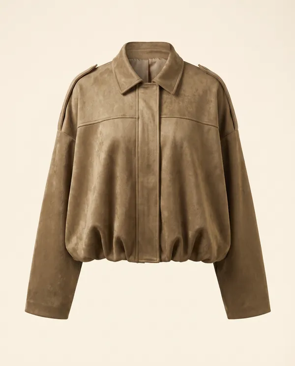 Faux Suede Bubble-Hem Bomber Jacket in Khaki, product shot on a plain background