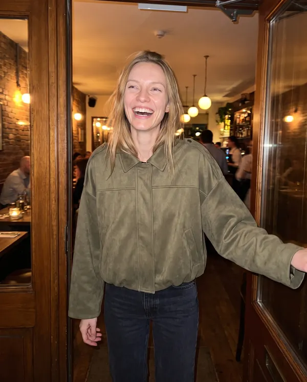 Satin Eve styling: Faux Suede Bubble-Hem Bomber Jacket