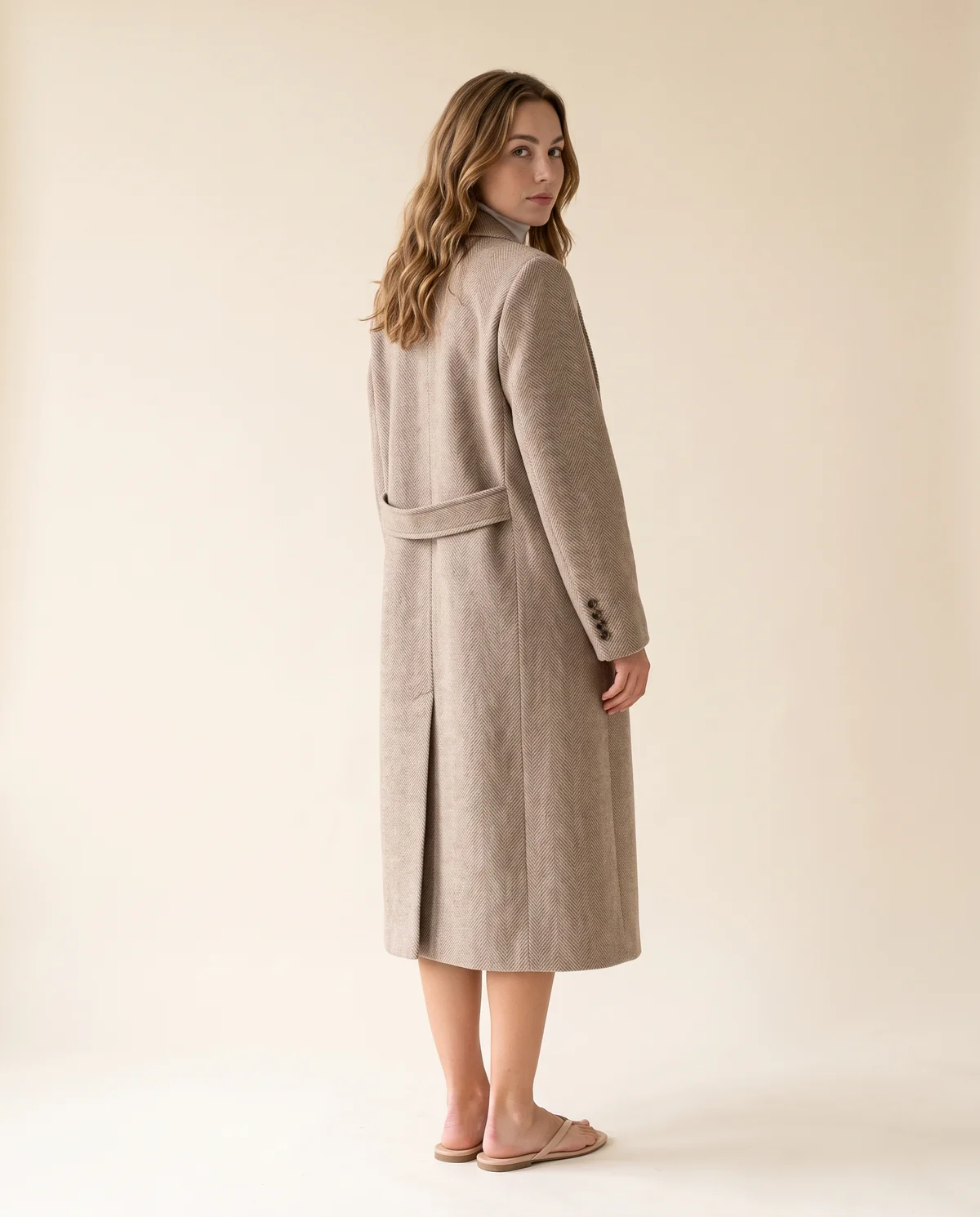 Herringbone Wool-Look Coat in Oat, back view, worn by Ava