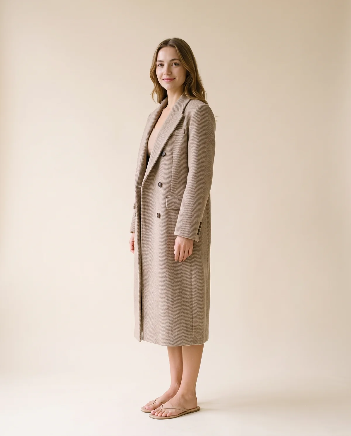 Herringbone Wool-Look Coat in Oat, side view, worn by Ava