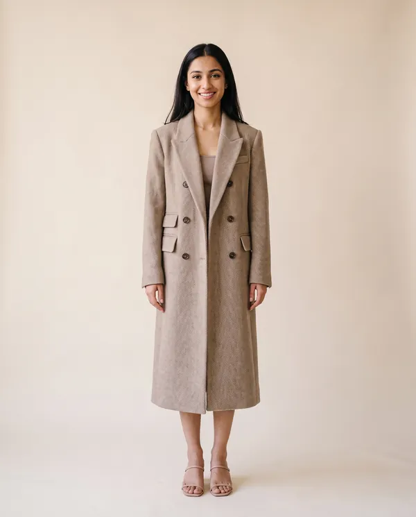 Herringbone Wool-Look Coat in Oat, front view, worn by Priya