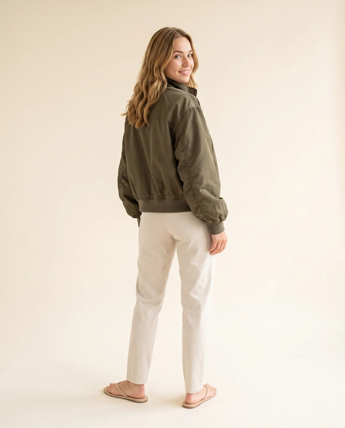 Stand-Collar Zip Bomber Jacket in Olive, back view, worn by Ava