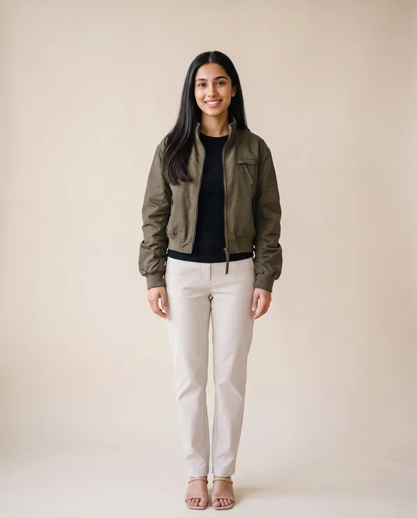 Stand-Collar Zip Bomber Jacket in Olive, front view, worn by Priya