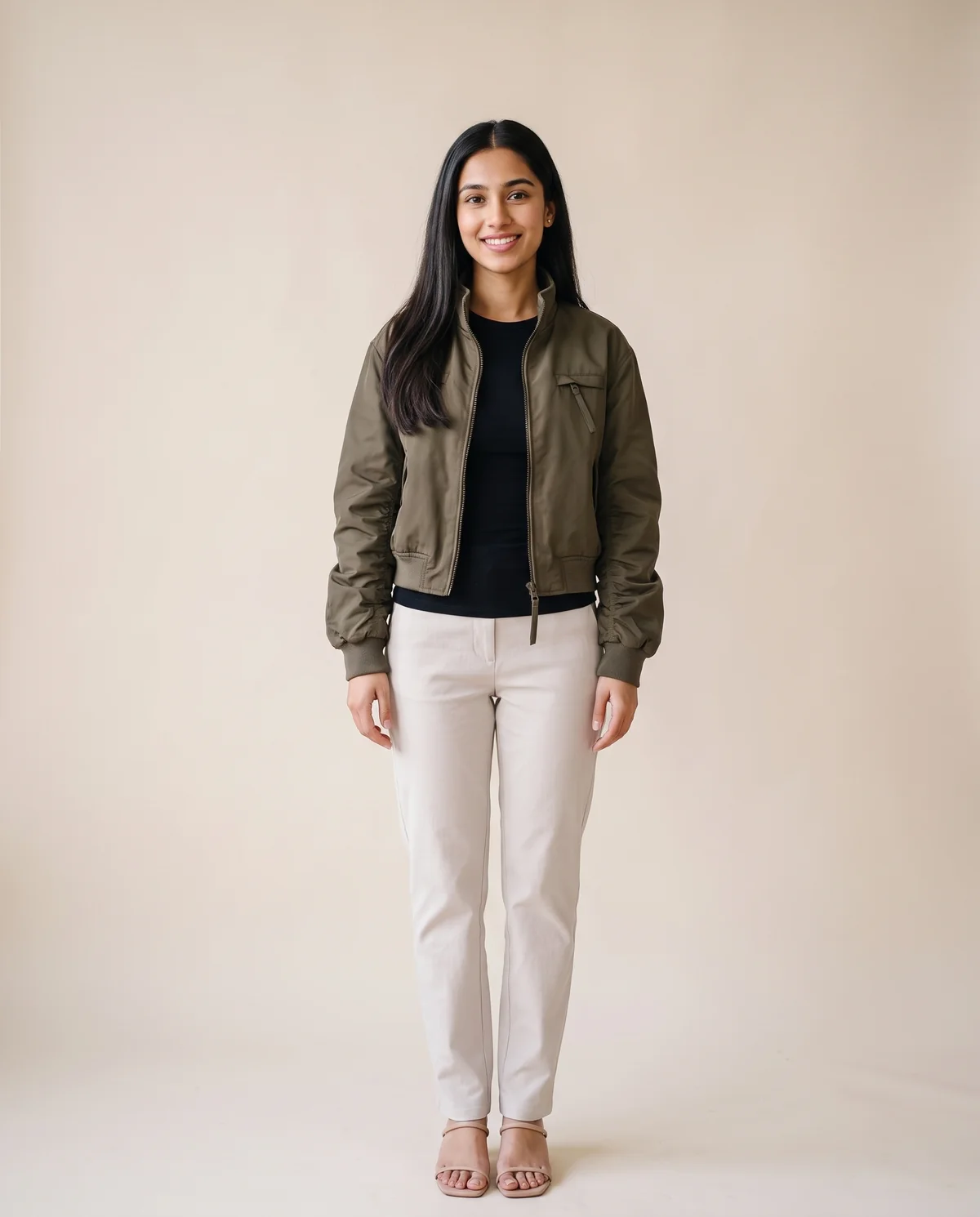 Stand-Collar Zip Bomber Jacket in Olive, front view, worn by Priya