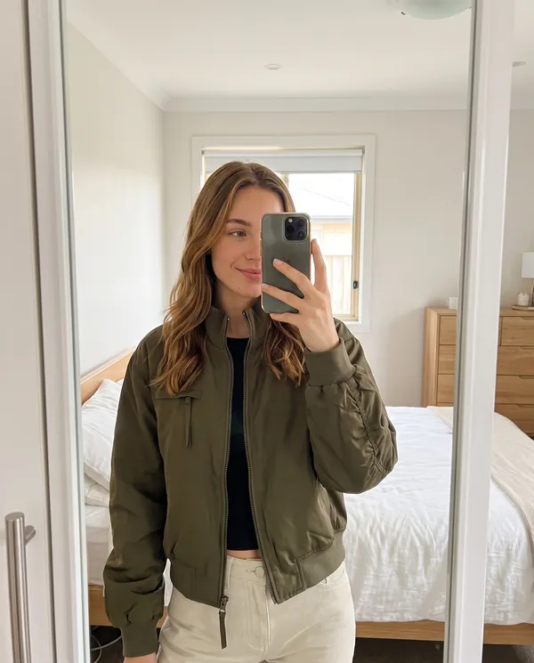 Satin Eve styling: Stand-Collar Zip Bomber Jacket