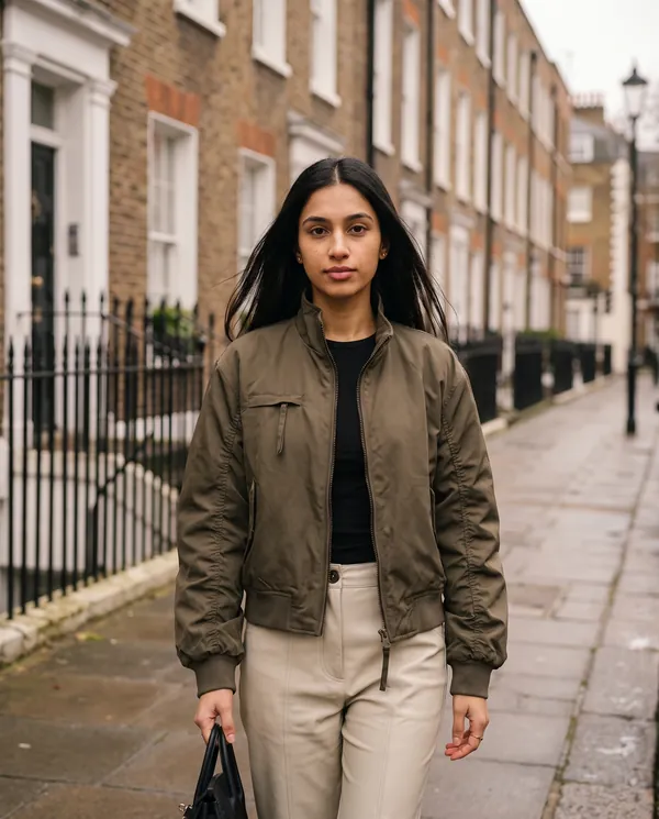 Satin Eve styling: Stand-Collar Zip Bomber Jacket