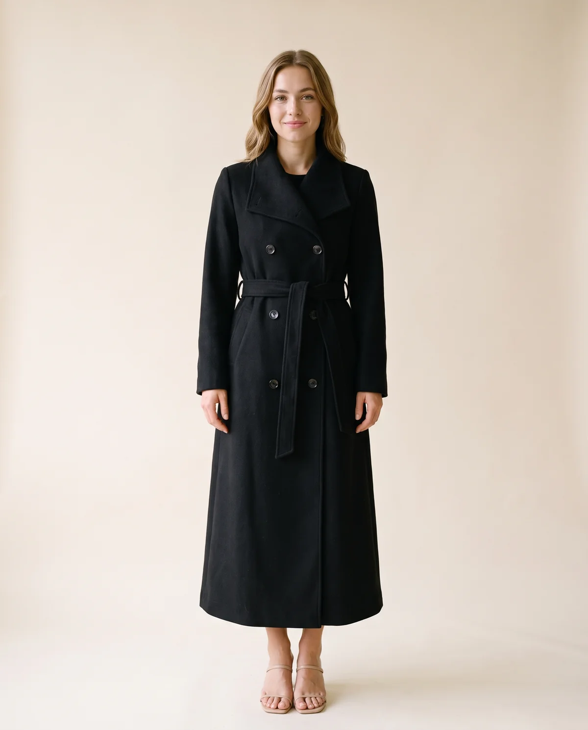 Cream Belted Double-Breasted Wool-Look Coat in Black, front view, worn by Ava