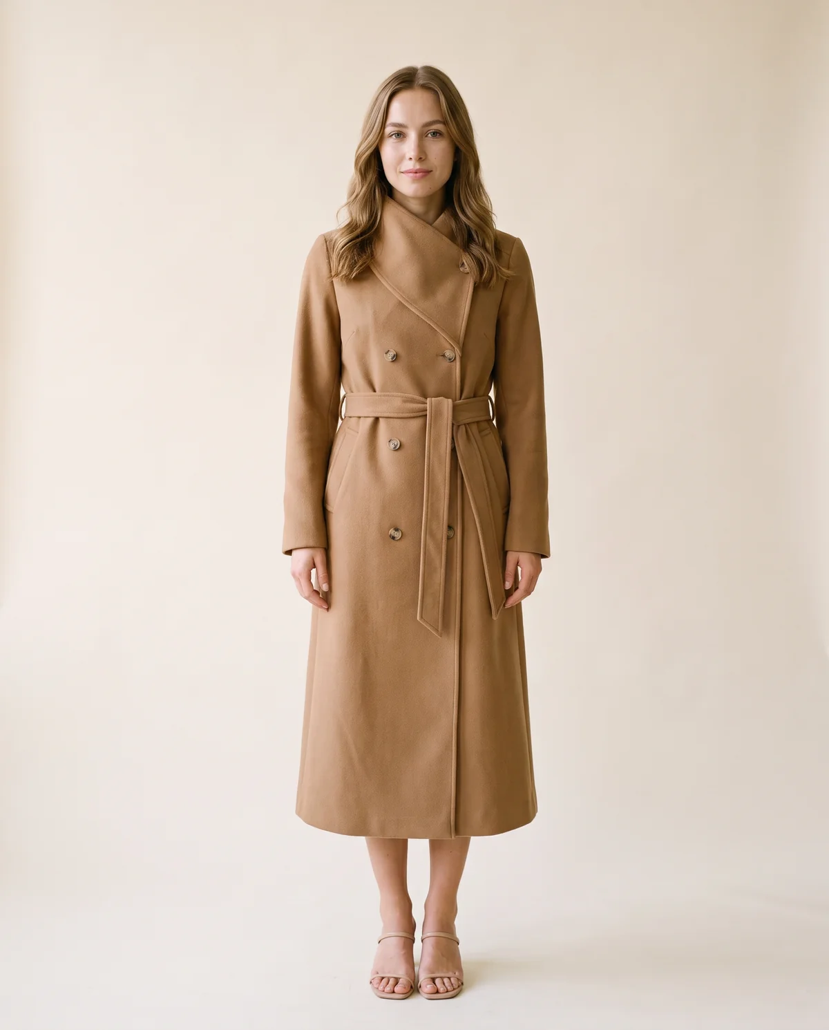 Cream Belted Double-Breasted Wool-Look Coat in Camel, front view, worn by Ava