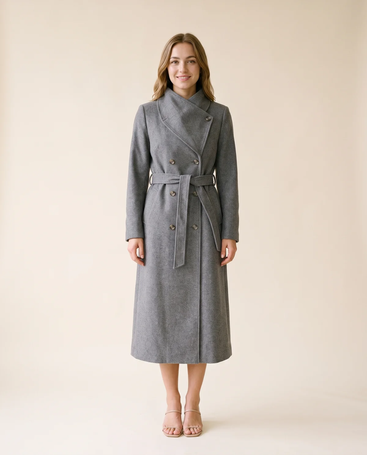 Cream Belted Double-Breasted Wool-Look Coat in Grey, front view, worn by Ava