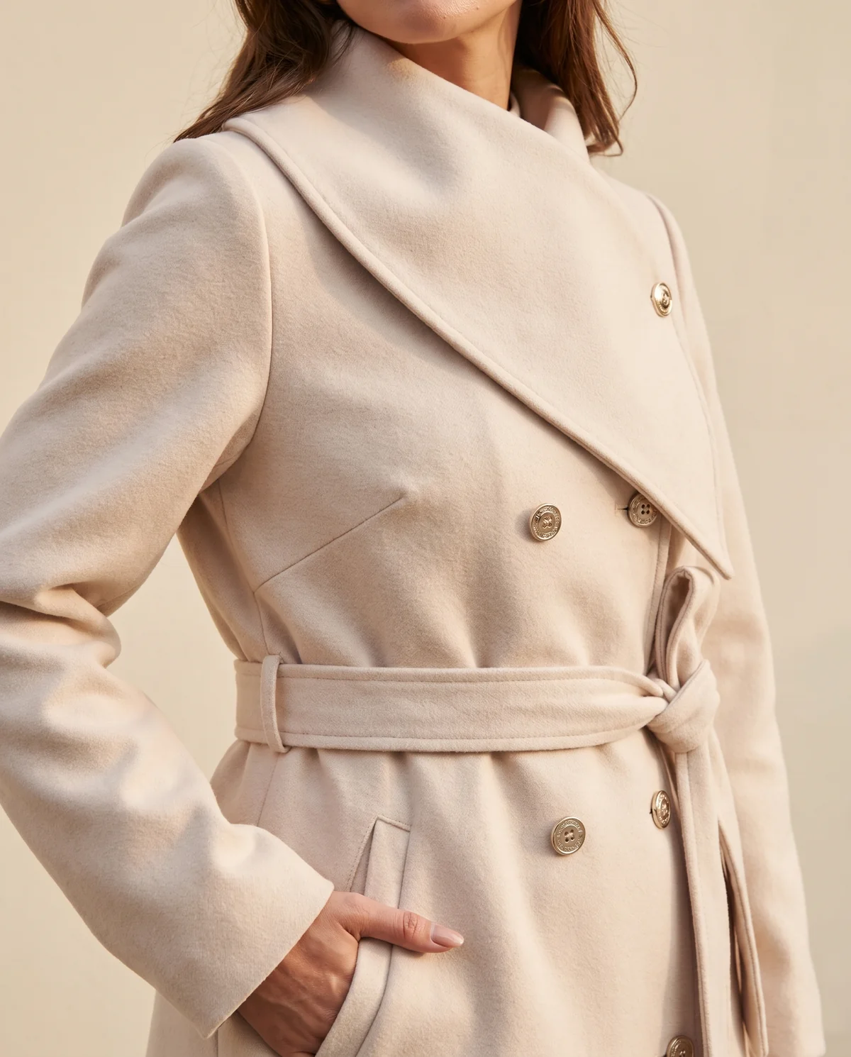 Cream Belted Double-Breasted Wool-Look Coat in Cream, close-up of the detail