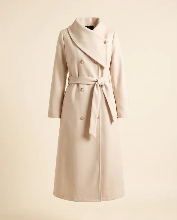 Cream Belted Double-Breasted Wool-Look Coat in Cream, product shot on a plain background