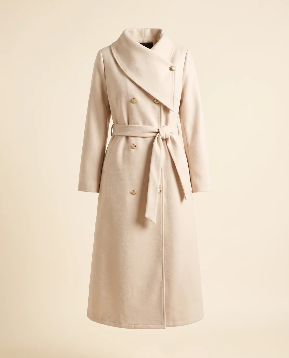 Cream Belted Double-Breasted Wool-Look Coat in Cream, product shot on a plain background