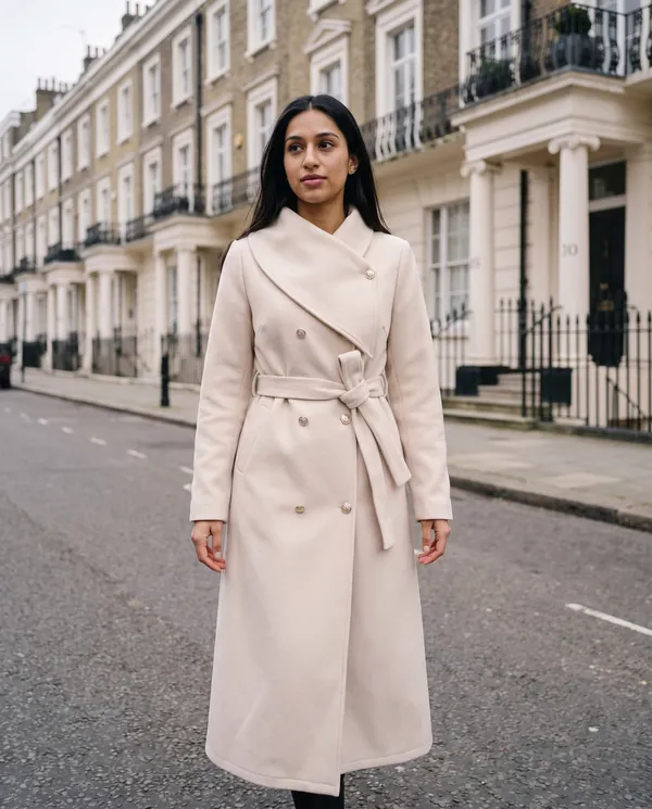 Satin Eve styling: Cream Belted Double-Breasted Wool-Look Coat