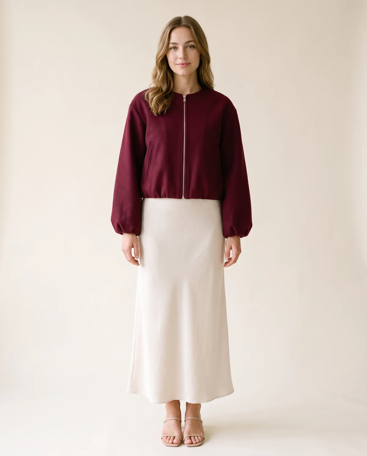 Soft Round-Neck Balloon-Sleeve Bomber in Burgundy, front view, worn by Ava