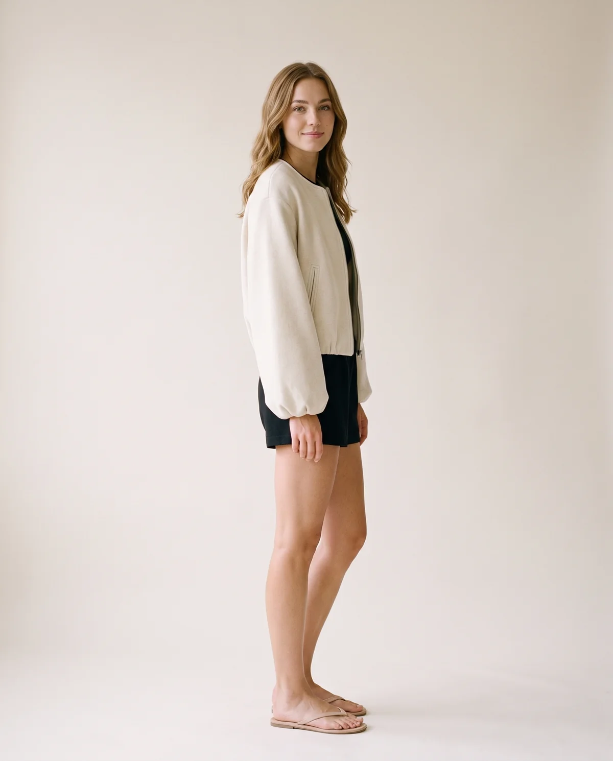 Soft Round-Neck Balloon-Sleeve Bomber in Cream, side view, worn by Ava