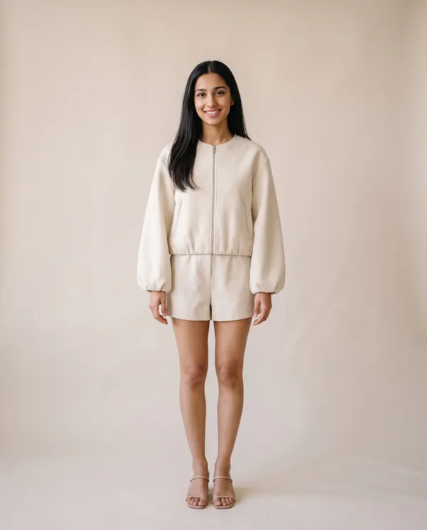 Soft Round-Neck Balloon-Sleeve Bomber in Cream, front view, worn by Priya