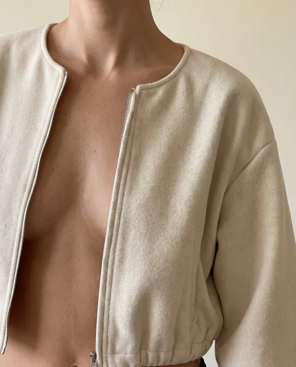 Soft Round-Neck Balloon-Sleeve Bomber in Cream, close-up of the detail