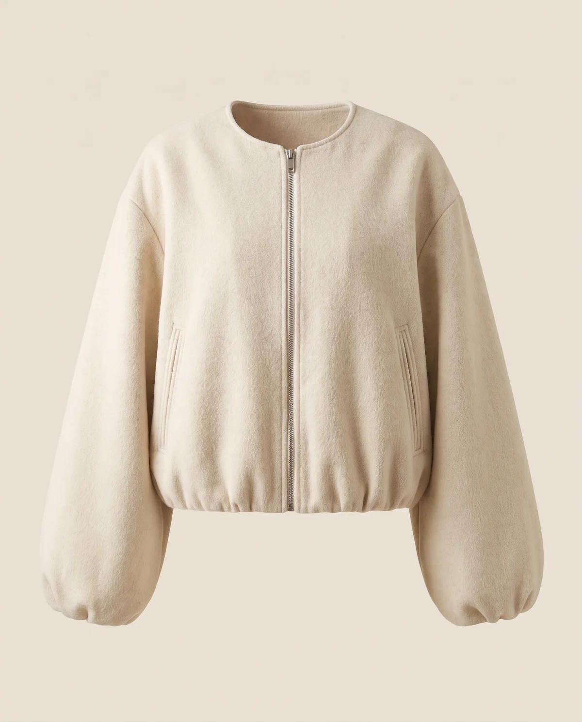 Soft Round-Neck Balloon-Sleeve Bomber in Cream, product shot on a plain background
