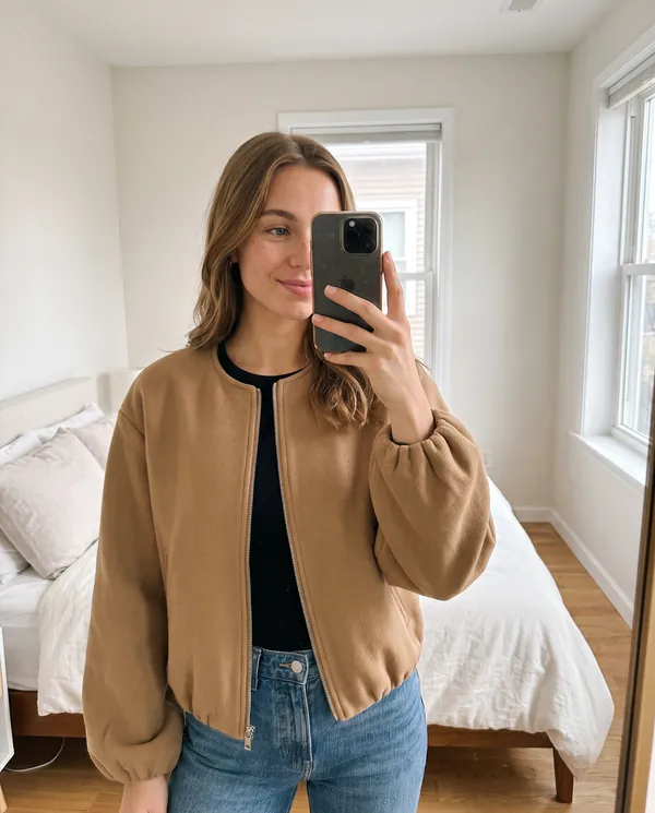 Satin Eve styling: Soft Round-Neck Balloon-Sleeve Bomber