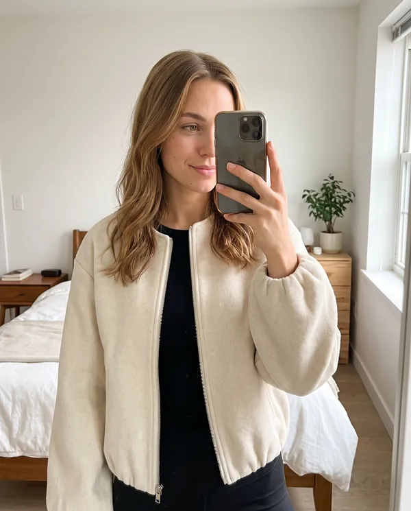 Satin Eve styling: Soft Round-Neck Balloon-Sleeve Bomber