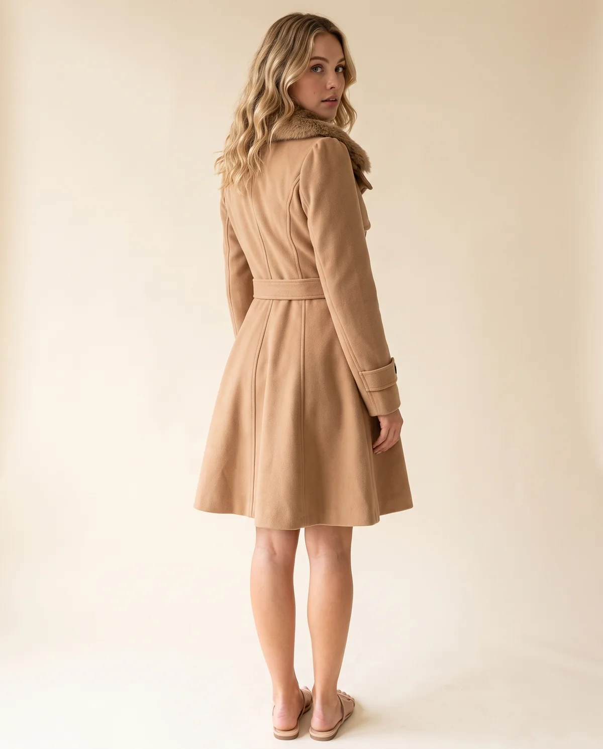 Flared Faux Fur Collar Coat in Camel, back view, worn by Ava