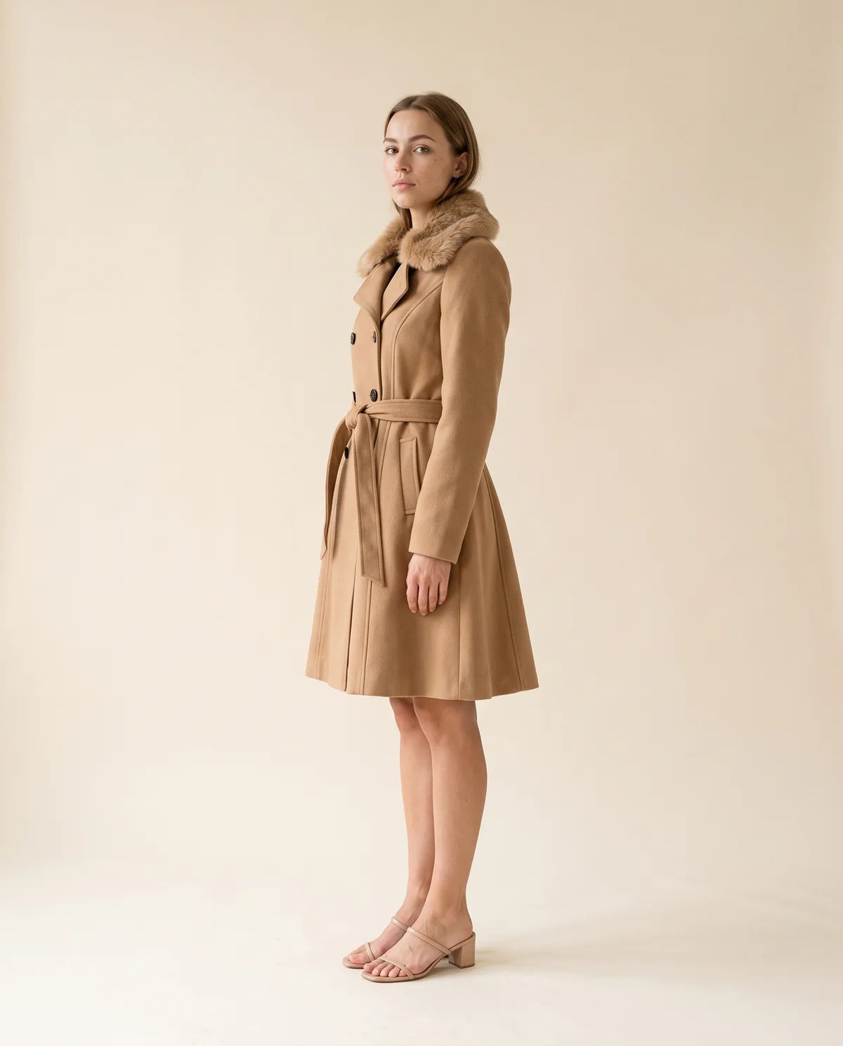 Flared Faux Fur Collar Coat in Camel, side view, worn by Ava