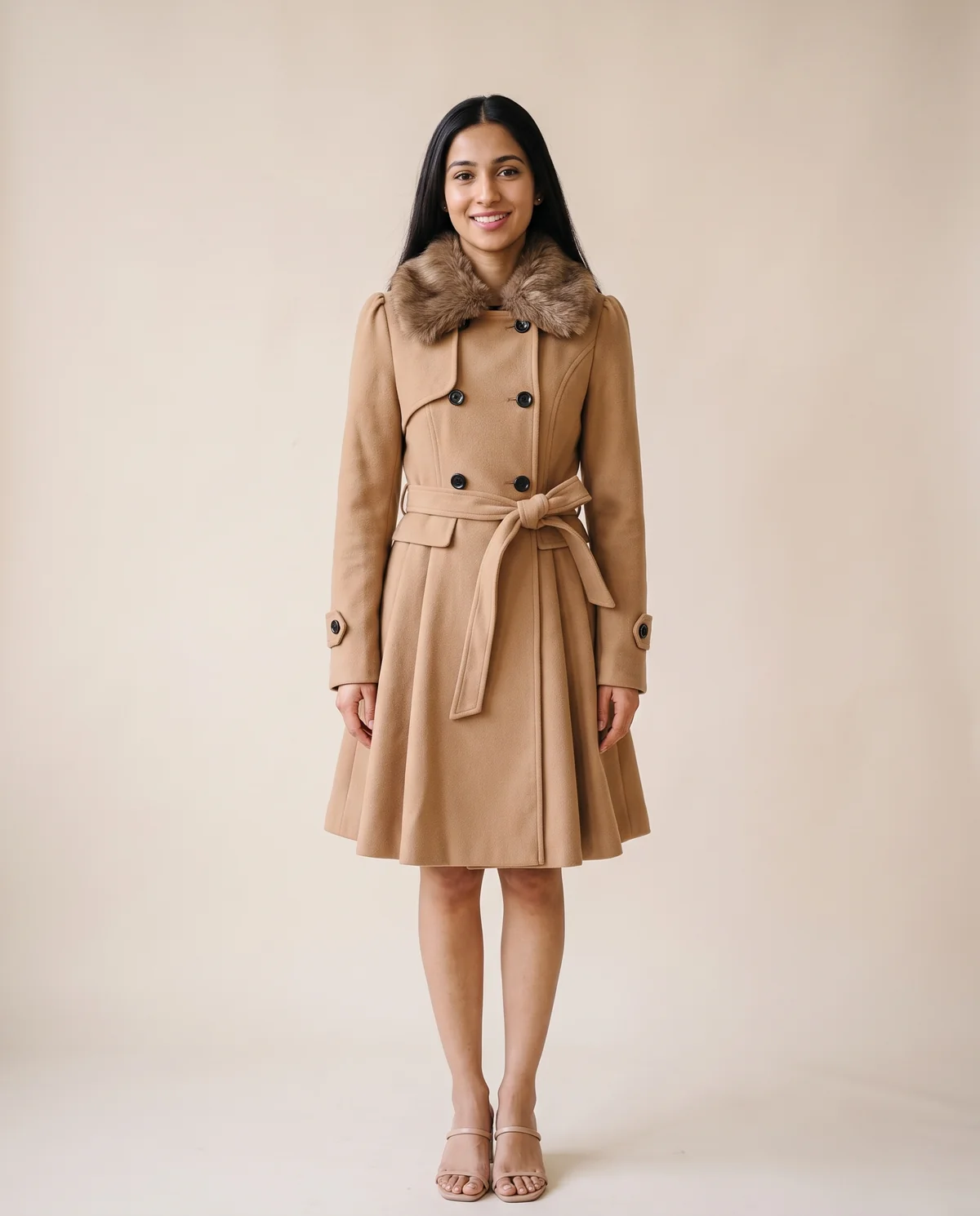 Flared Faux Fur Collar Coat in Camel, front view, worn by Priya