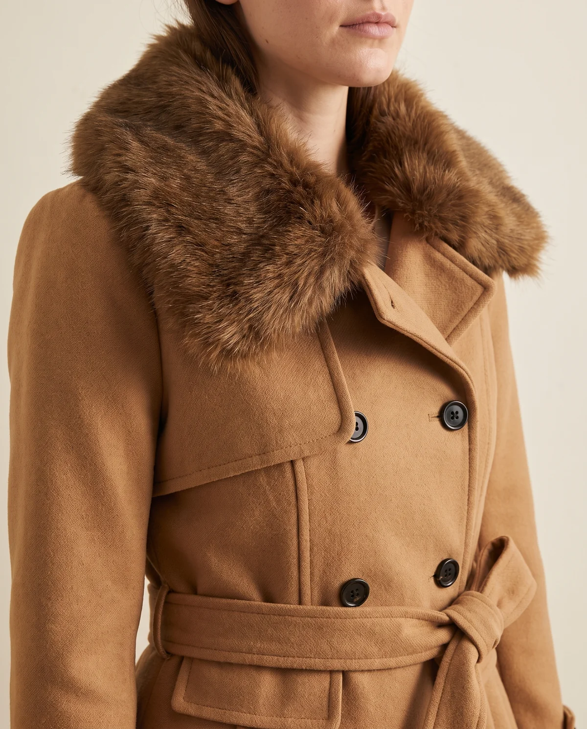 Flared Faux Fur Collar Coat in Camel, close-up of the detail