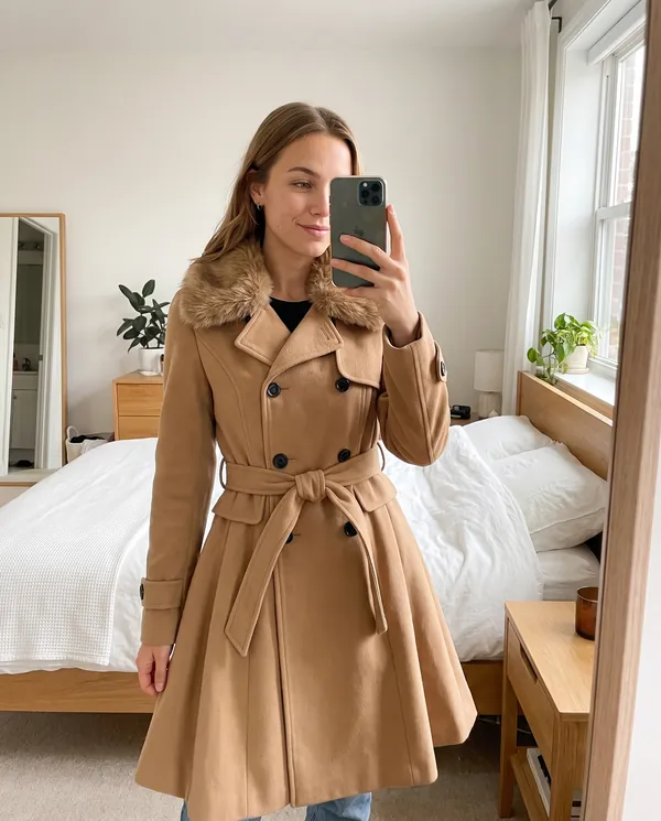 Satin Eve styling: Flared Faux Fur Collar Coat