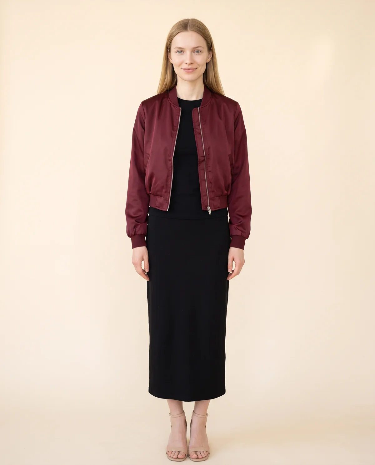 Satin-Finish Cropped Bomber Jacket in Burgundy, front view, worn by Maya