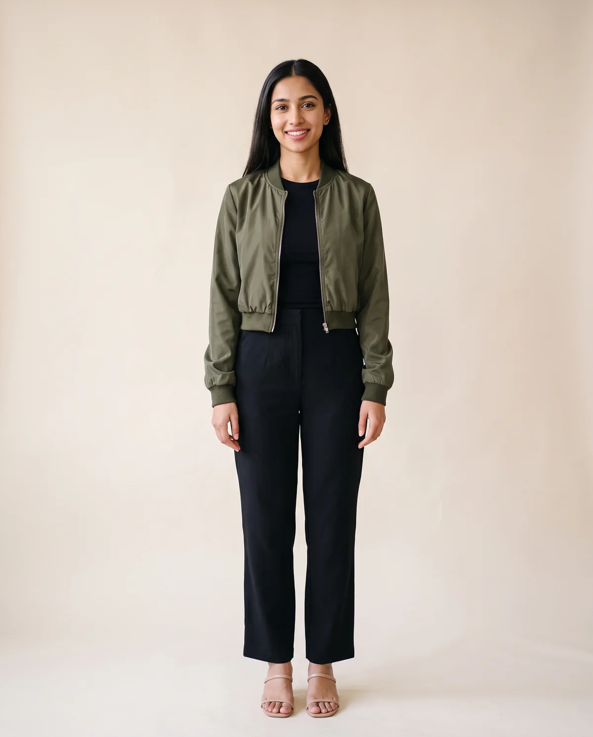 Satin-Finish Cropped Bomber Jacket in Olive, front view, worn by Priya