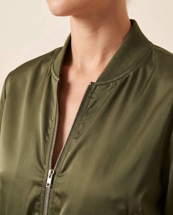 Satin-Finish Cropped Bomber Jacket in Olive, close-up of the detail