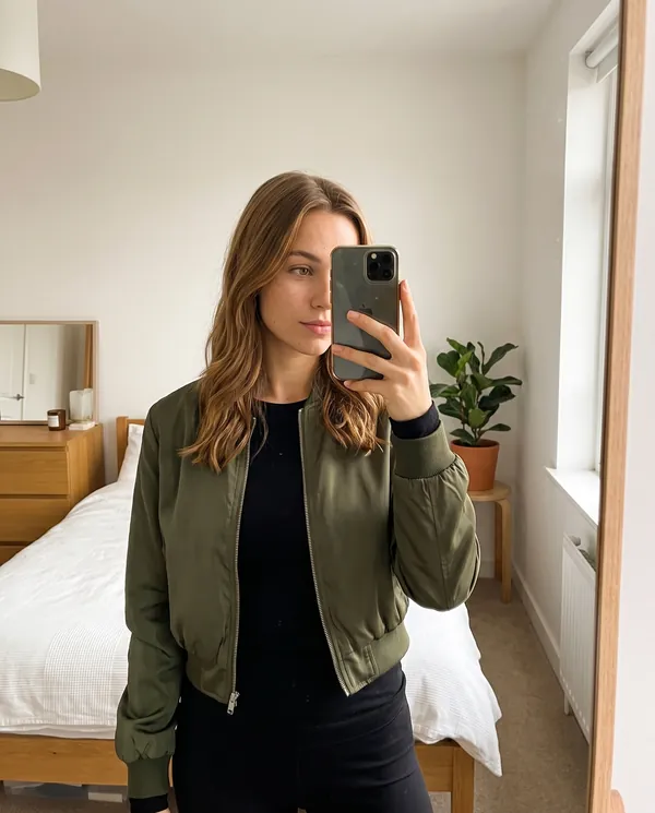 Satin Eve styling: Satin-Finish Cropped Bomber Jacket