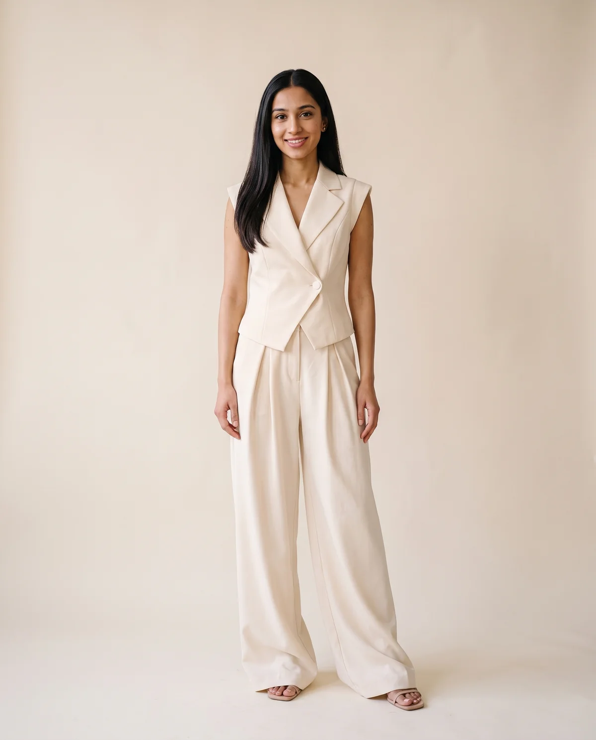 Sleeveless Waistcoat and Wide-Leg Trouser Set in Cream, front view, worn by Priya