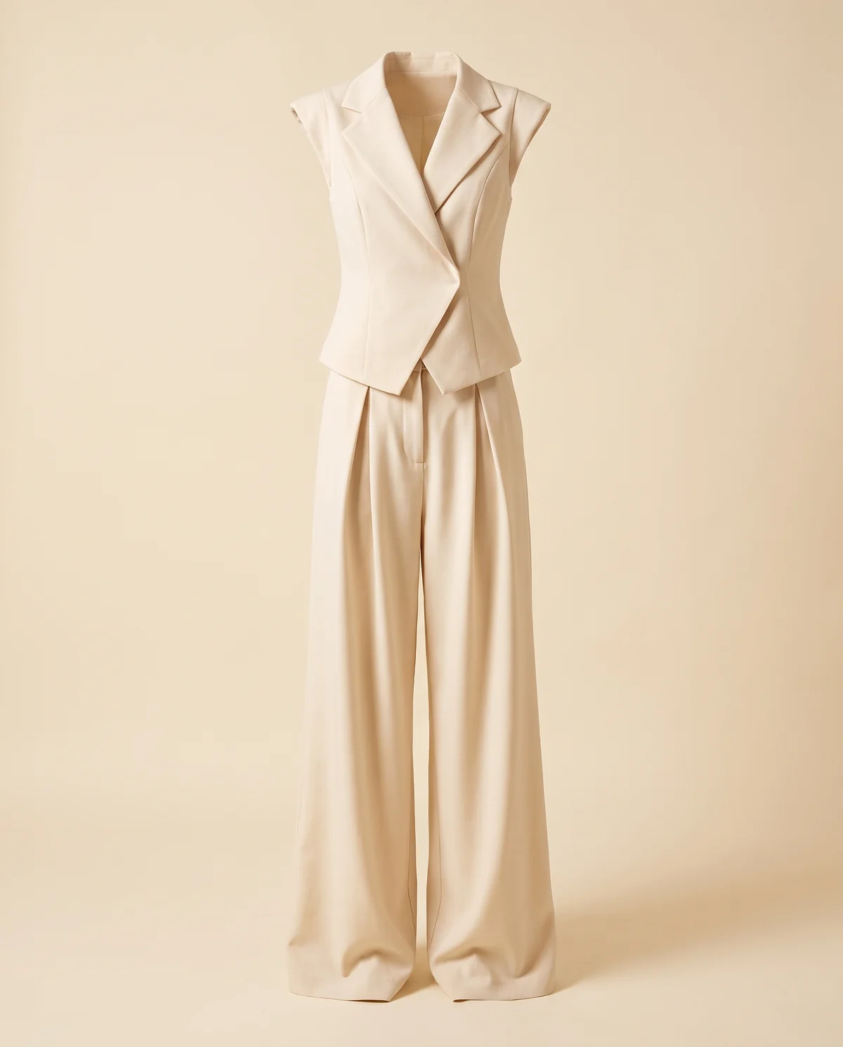 Sleeveless Waistcoat and Wide-Leg Trouser Set in Cream, product shot on a plain background