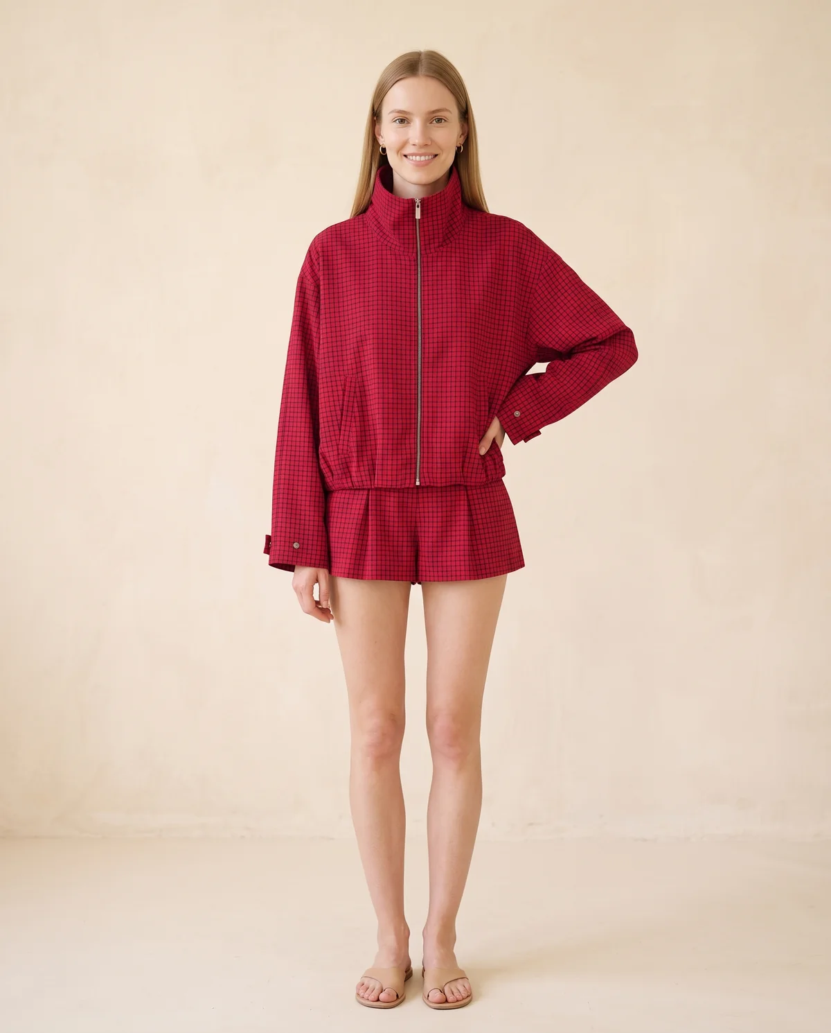 Red Check Stand-Collar Zip Jacket in Red, front view, worn by Maya