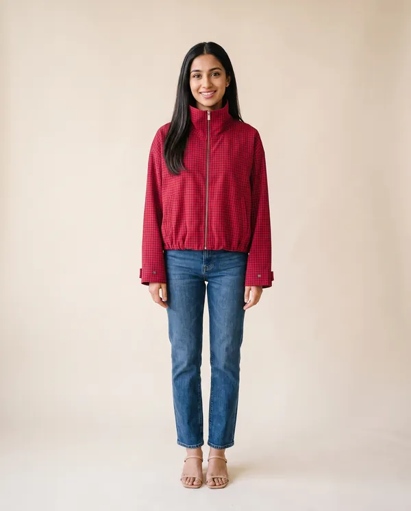 Red Check Stand-Collar Zip Jacket in Red, front view, worn by Priya