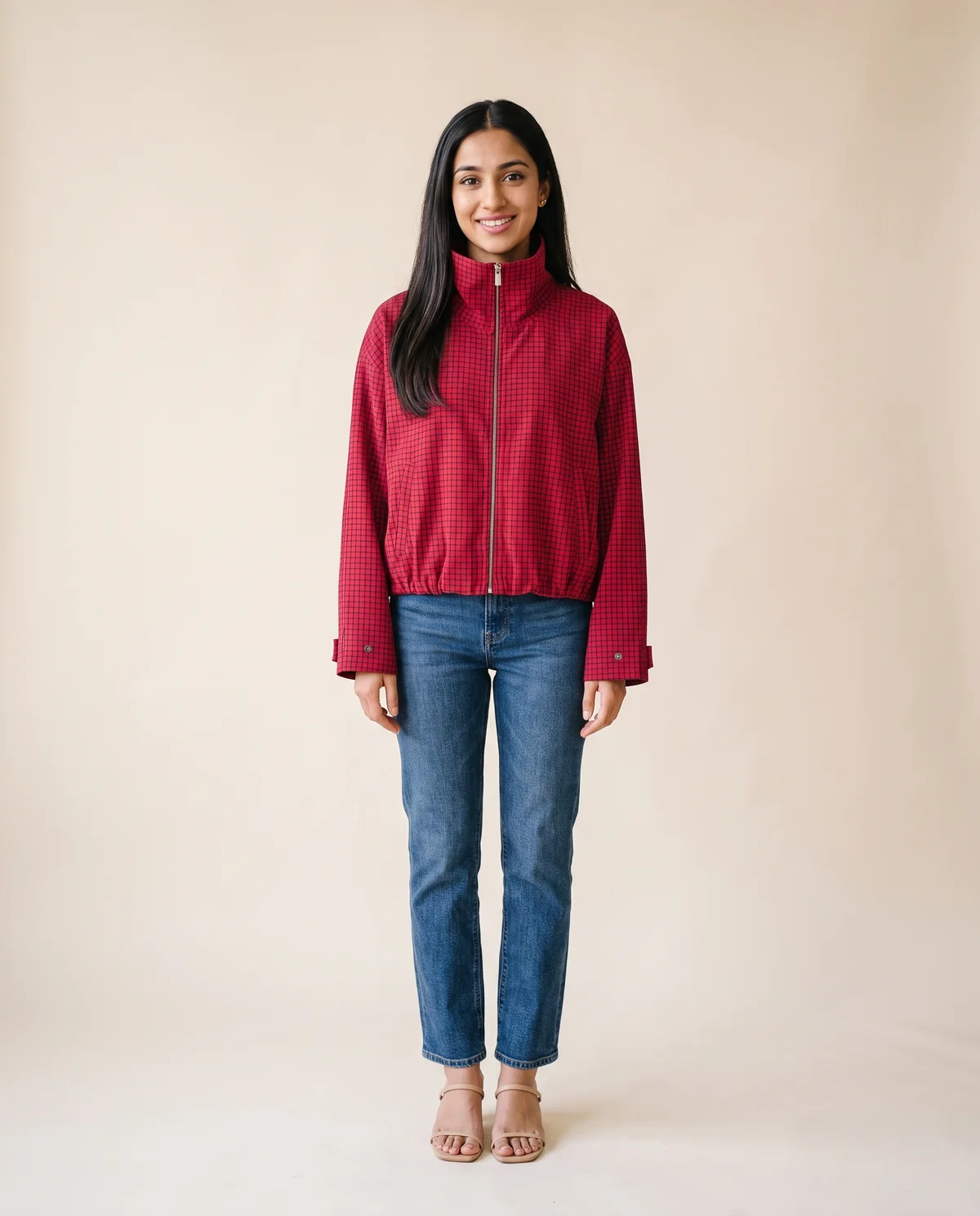 Red Check Stand-Collar Zip Jacket in Red, front view, worn by Priya
