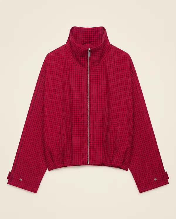 Red Check Stand-Collar Zip Jacket in Red, product shot on a plain background