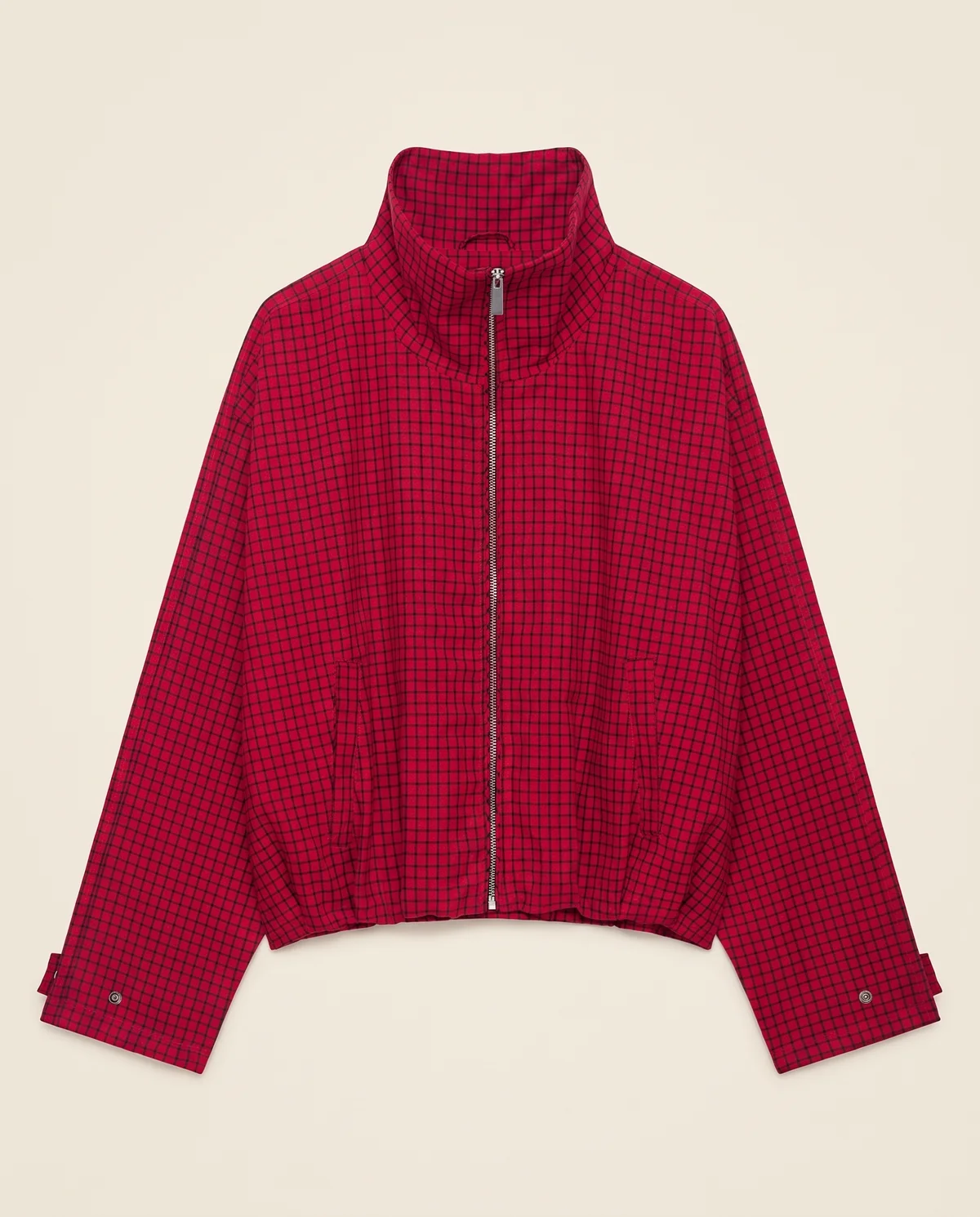 Red Check Stand-Collar Zip Jacket in Red, product shot on a plain background