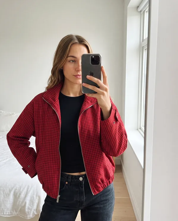 Satin Eve styling: Red Check Stand-Collar Zip Jacket