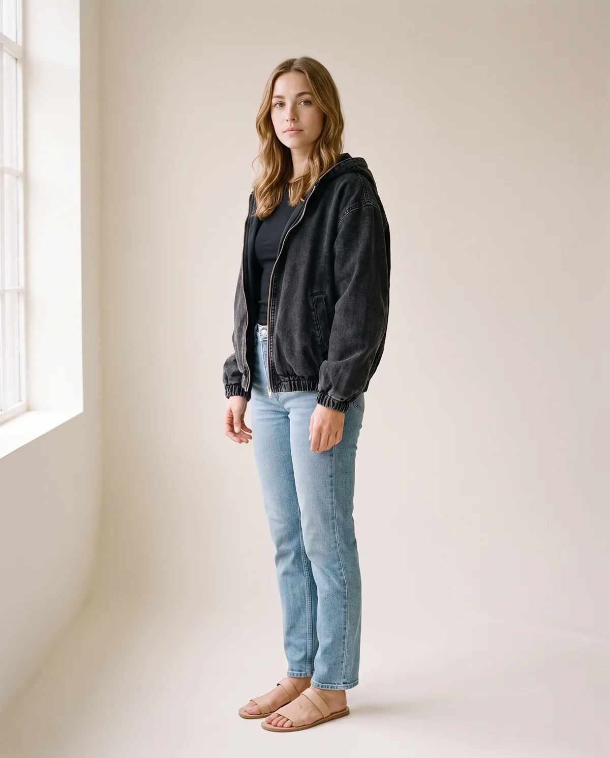 Washed Denim Hooded Zip Bomber in Washed Black, side view, worn by Ava