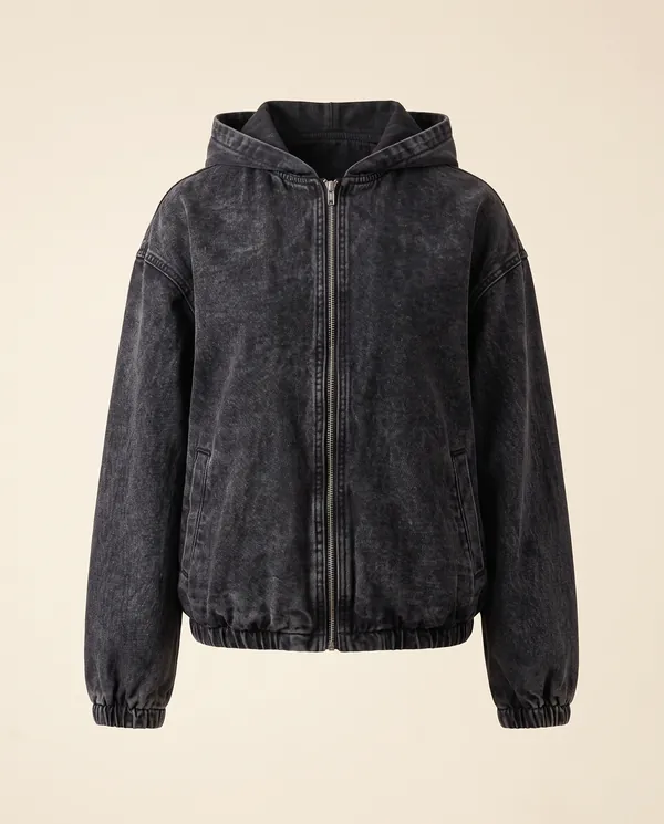 Washed Denim Hooded Zip Bomber in Washed Black, product shot on a plain background