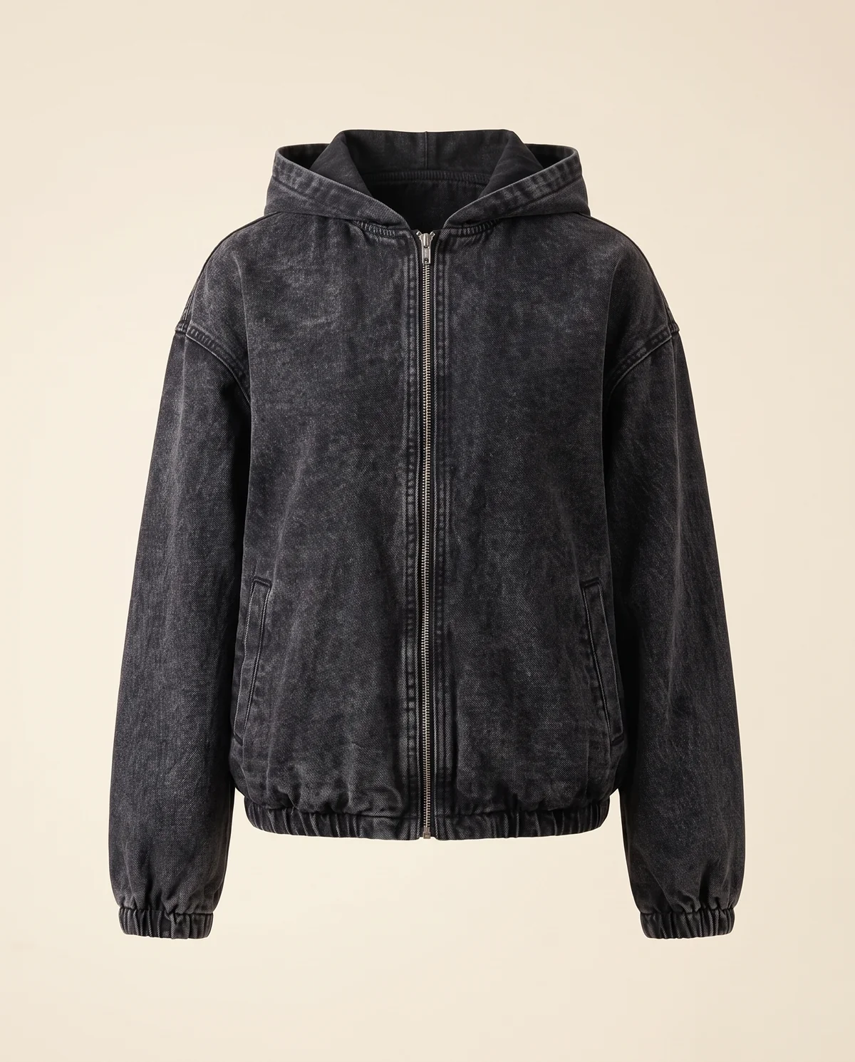 Washed Denim Hooded Zip Bomber in Washed Black, product shot on a plain background