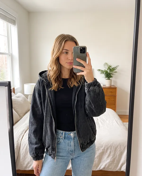Satin Eve styling: Washed Denim Hooded Zip Bomber