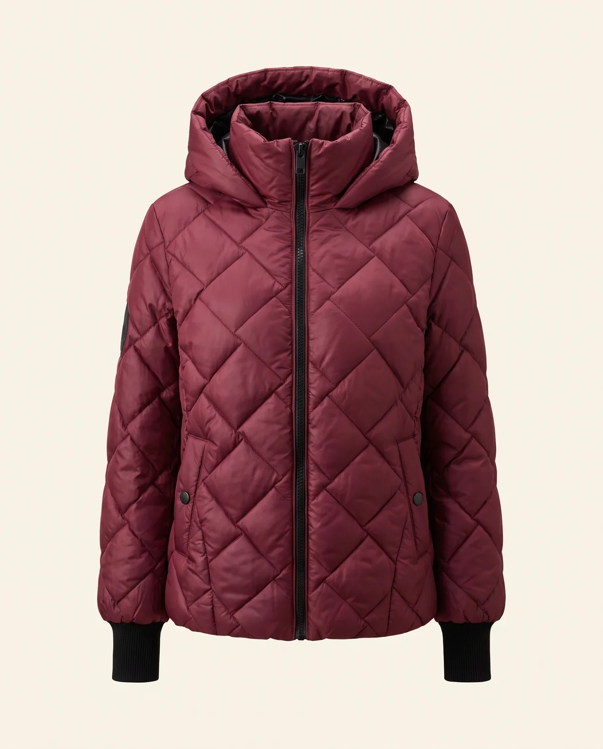 Diamond-Quilted Hooded Jacket in Burgundy, product shot on a plain background