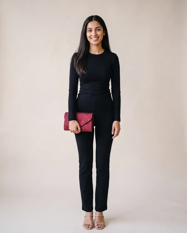 Lace Satin Envelope Clutch in Burgundy, front view, worn by Priya