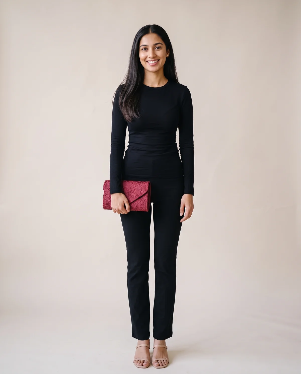 Lace Satin Envelope Clutch in Burgundy, front view, worn by Priya