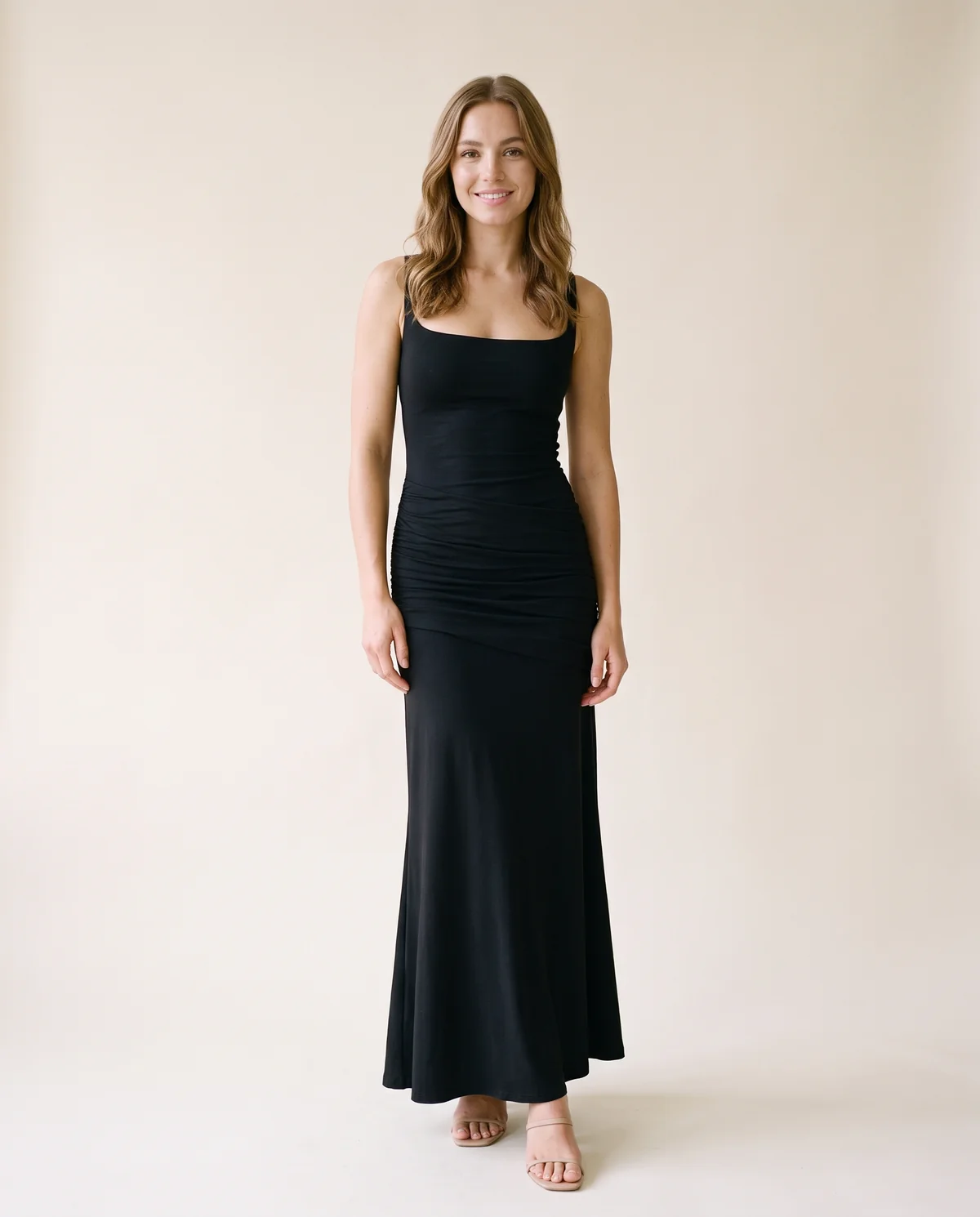 Square-Neck Lace-Up Back Maxi Dress in Black, front view, worn by Ava